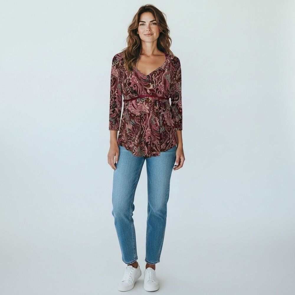 J.T.B. Red Beige Paisley Long Sleeve wrap Blouse V neck Quarter 3/4 Sleeve M